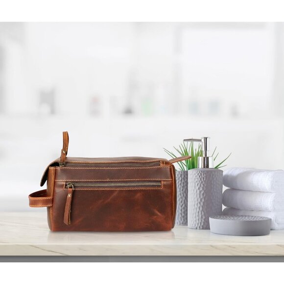 Unisex Orange Tan Premium Buffalo Leather Toiletry Bag Travel Shaving kit - Picture 7 of 10
